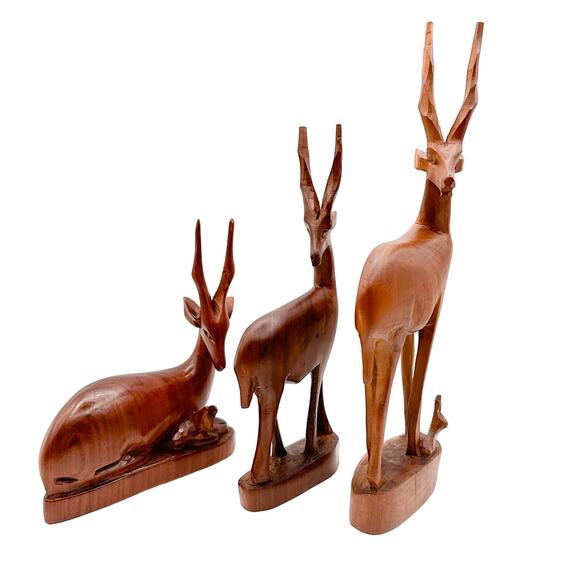 Hand Carved Kenyan Teak Antelope Gazelle Deer Mid Century Wooden Figurines (3) - Picture 7 of 13